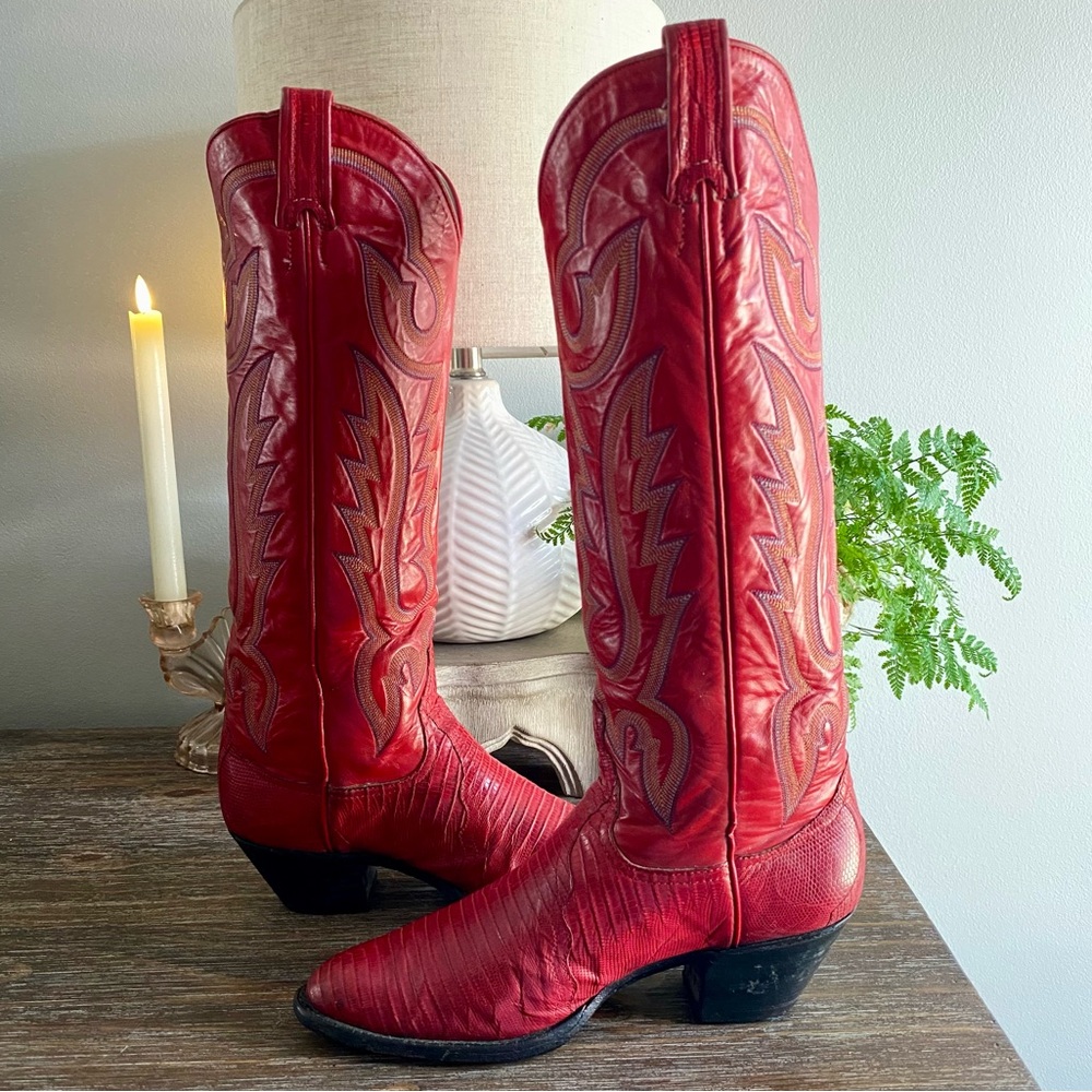 Vtg LARRY MAHAN Exotic Lizard Leather Tall Western Cowboy Boots Womens 8B Red - Picture 13 of 16